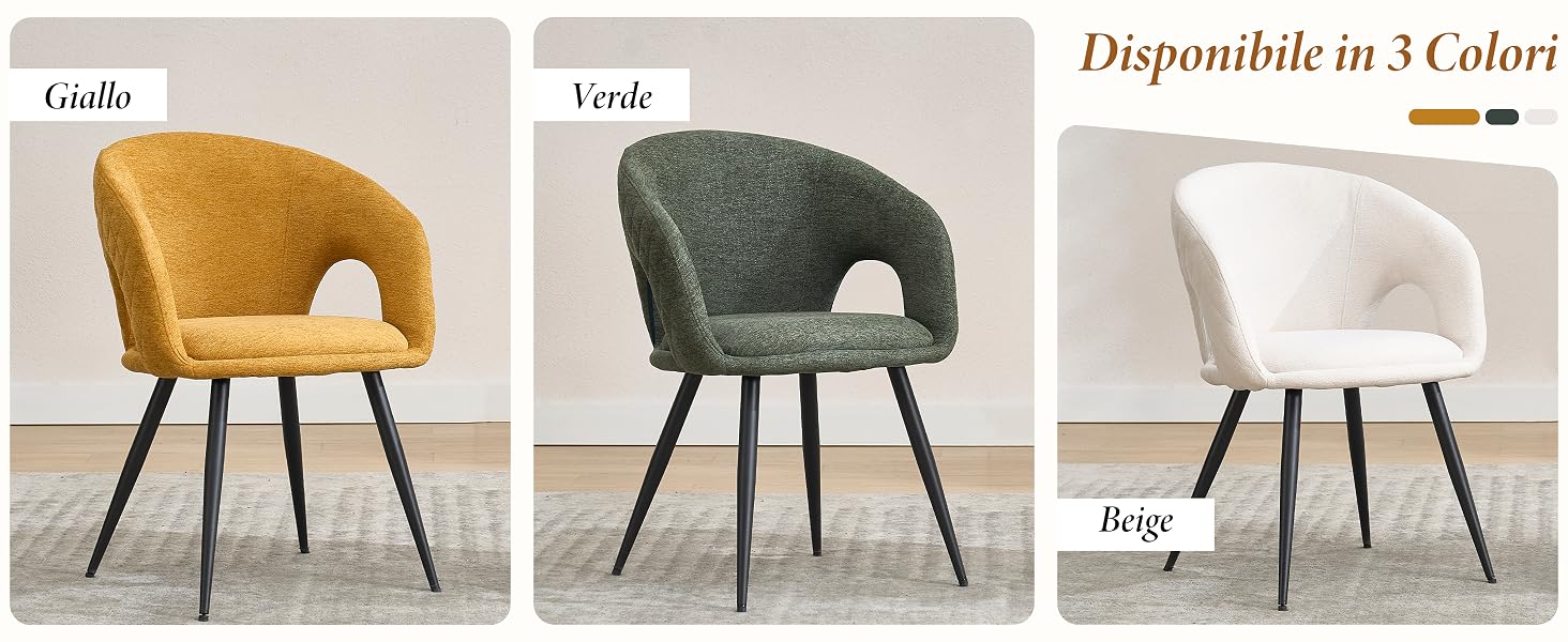 Il testo dice 'Disponibile in 3 Colori'. Vetrina del prodotto: sedie dal design moderno in tre colori: giallo senape, verde scuro e bianco, ognuna con schienale curvo e gambe angolate in metallo.