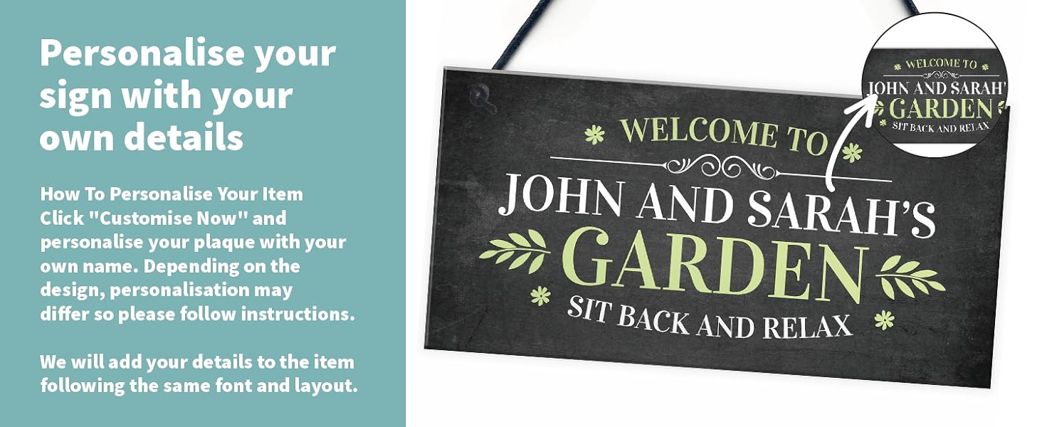 Text reads 'Personalize your sign with your own details!' and 'WELCOME TO JOHN AND SARAH'S GARDEN'. Garden sign design with leaf decorations.