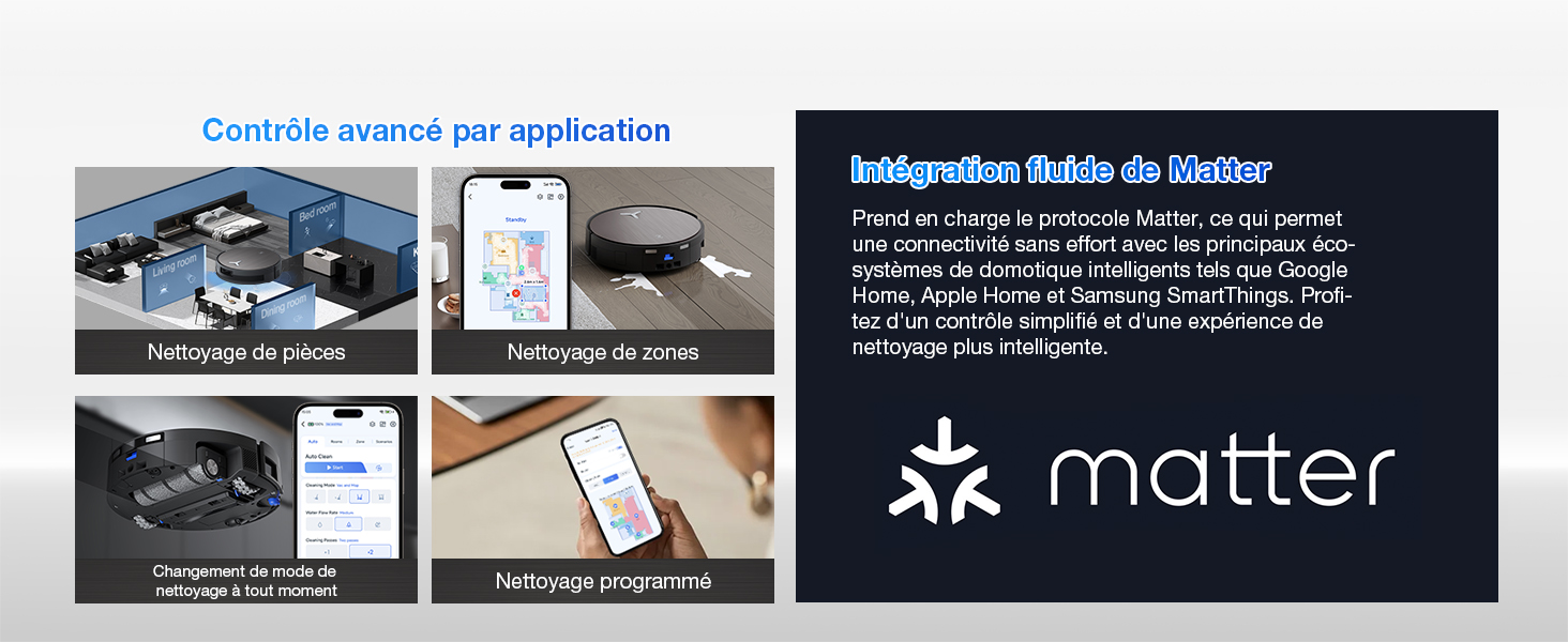 Le texte se lit comme suit : « Contrôle avancé [é] par application » et « Matière ». Image marketing montrant l'interface de contrôle des appareils intelligents sur plusieurs appareils avec le logo Matter Connectivity.