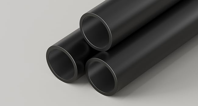 Varias vistas de tubos cilíndricos negros de caucho o PVC, que muestran diferentes ángulos de lo que parecen ser muestras de productos o materiales de fabricación.