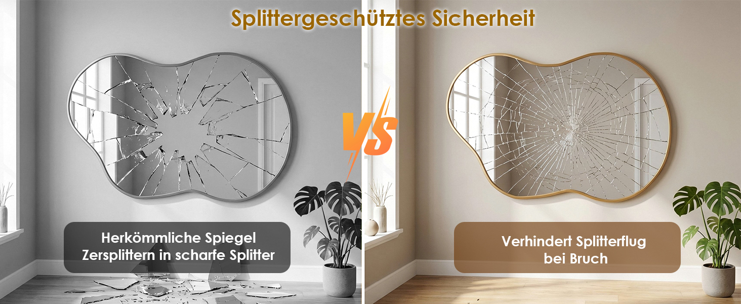 Le texte indique « Spiegelregal Uhr Sicherbeit » montrant une comparaison avant/après d'une étagère de salle de bain à miroir circulaire avec les textes « Hiebsichere Spiegel » et « Verbluffend Schadeling ». Deux versions affichées côte à côte avec des finitions différentes.