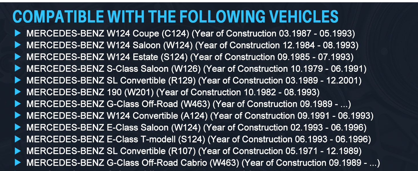 List of Mercedes-Benz vehicle models compatible with an unspecified product, including W124 Coupe, SL Convertible, and G-Class Off-Road. Construction years range from 1971 to 2001.