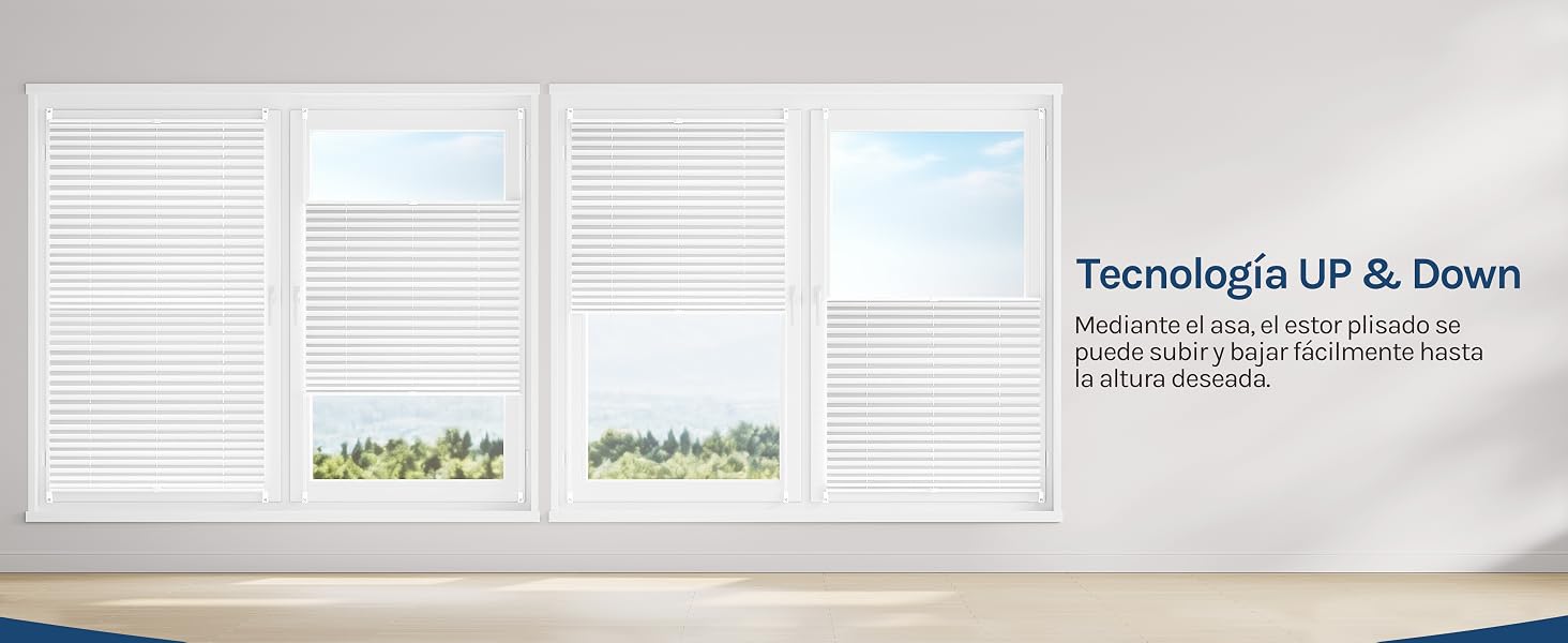 El texto dice «Technologia UP &amp; Down» y «Roleta do góry i w dół [dodatkowo]» con parte del texto visible. La imagen muestra persianas blancas en una habitación luminosa, que muestran la tecnología de persianas enrollables verticales de subida y bajada.