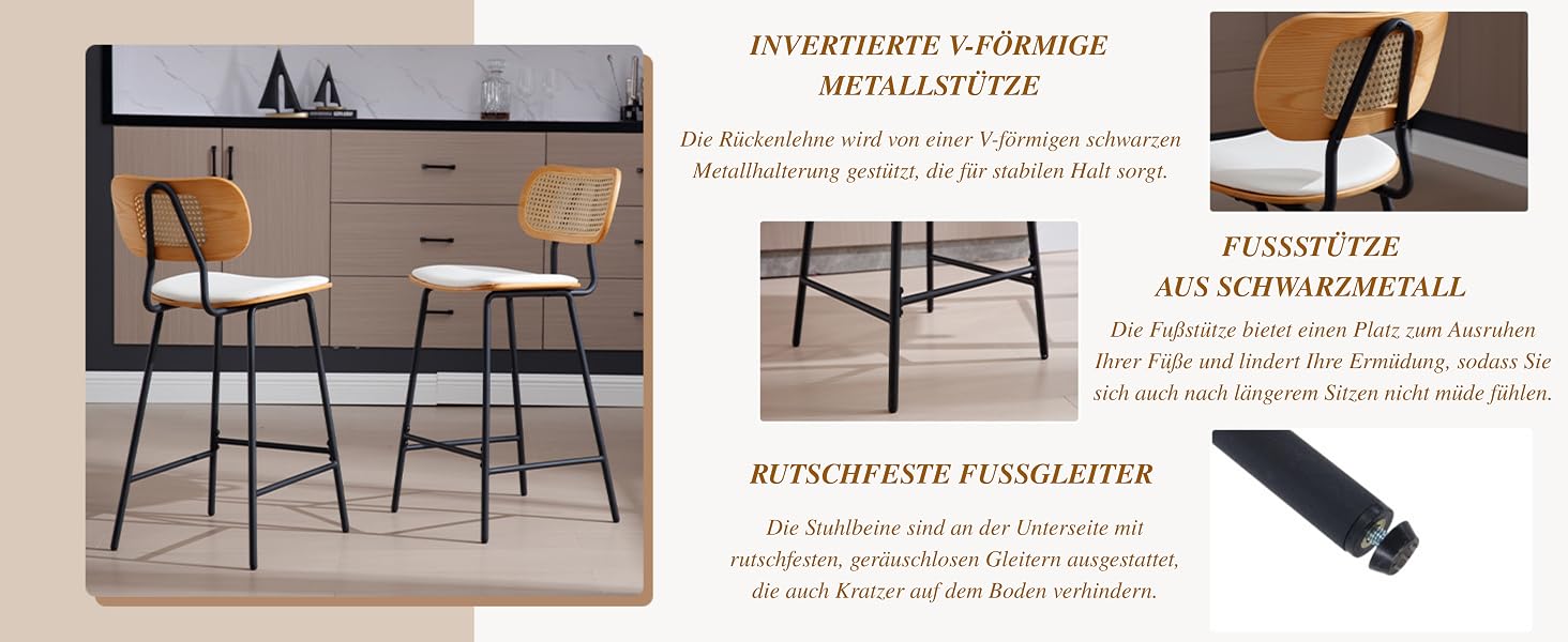 Mehrere Bilder zeigen schwarze Stuhlbeine aus Metall und einen Text mit Produktspezifikationen in französischer Sprache, in dem die Einzelheiten der Möbelmontage beschrieben werden.