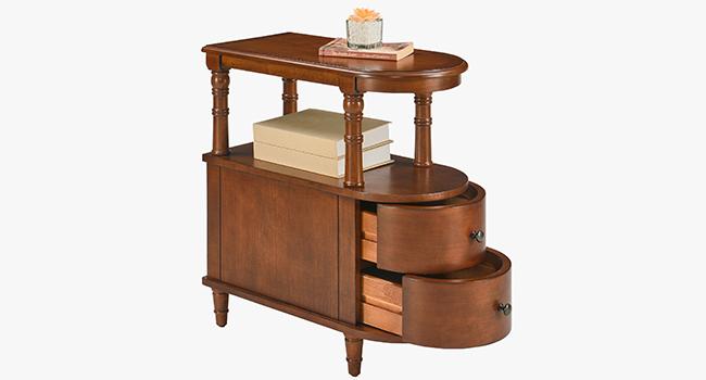 Table basse en bois avec des caractéristiques de rangement présentées sous plusieurs angles, avec une finition marron chaud et des compartiments intégrés.
