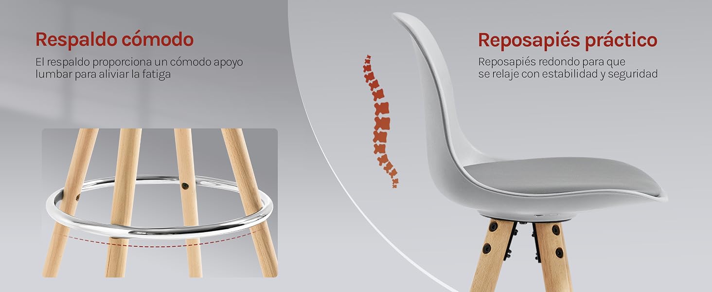 de diseño moderno con un respaldo cómodo y un práctico reposapiés. Patas de madera con anillo de soporte metálico. Asiento curvo para un soporte ergonómico. La ilustración de la columna vertebral indica la comodidad de la espalda.