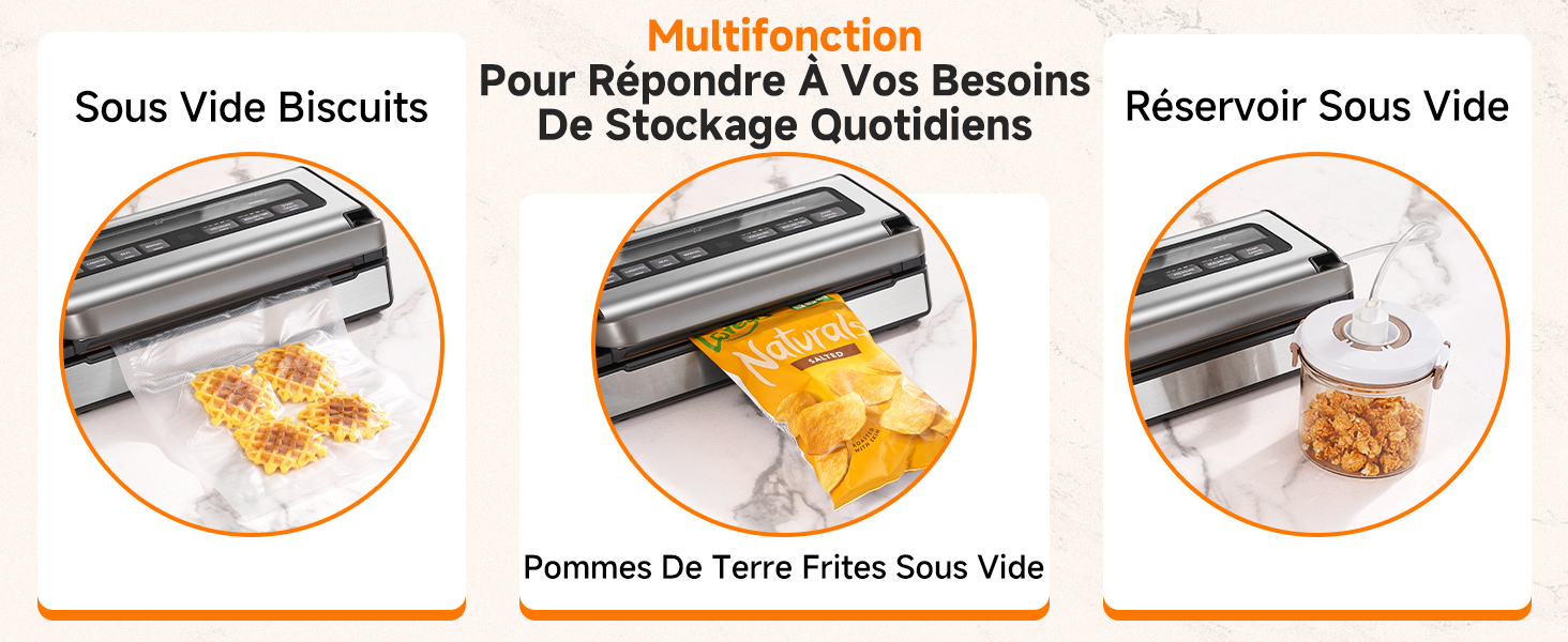 Le texte indique « Biscuits sans vide », « Pour Répondre à Vos Besoine ». Plusieurs images de démonstration de produits montrant les étapes de préparation des biscuits ou des aliments dans des cadres circulaires avec des bordures oranges.