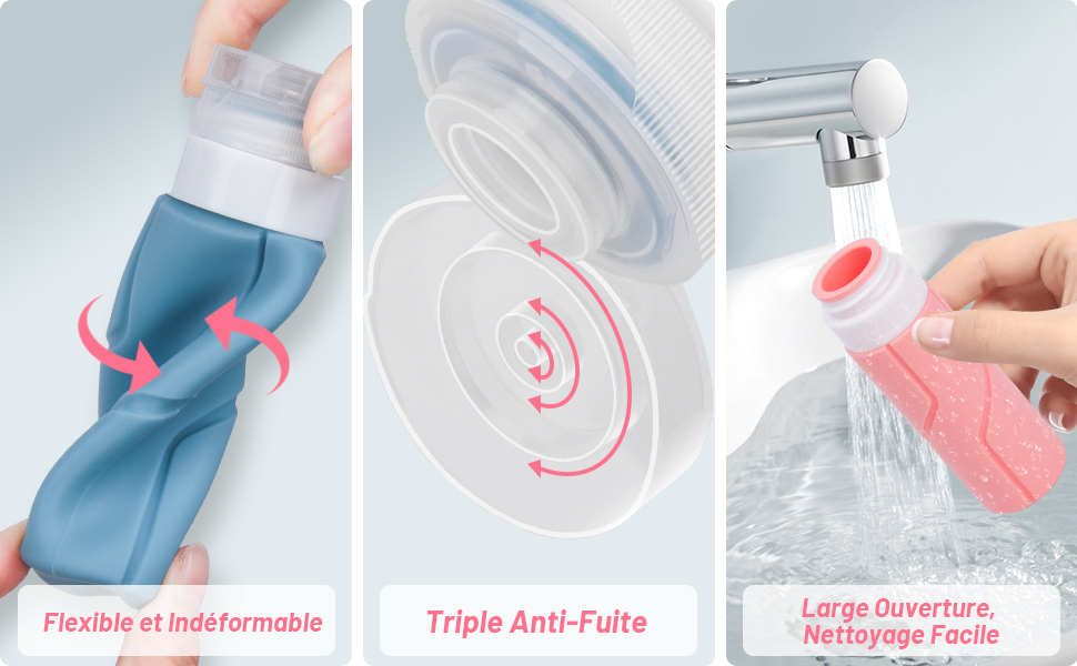 Flacon Voyage en Silicone, Indéformable, Triple Anti-Fuite, Nettoyage Facile.