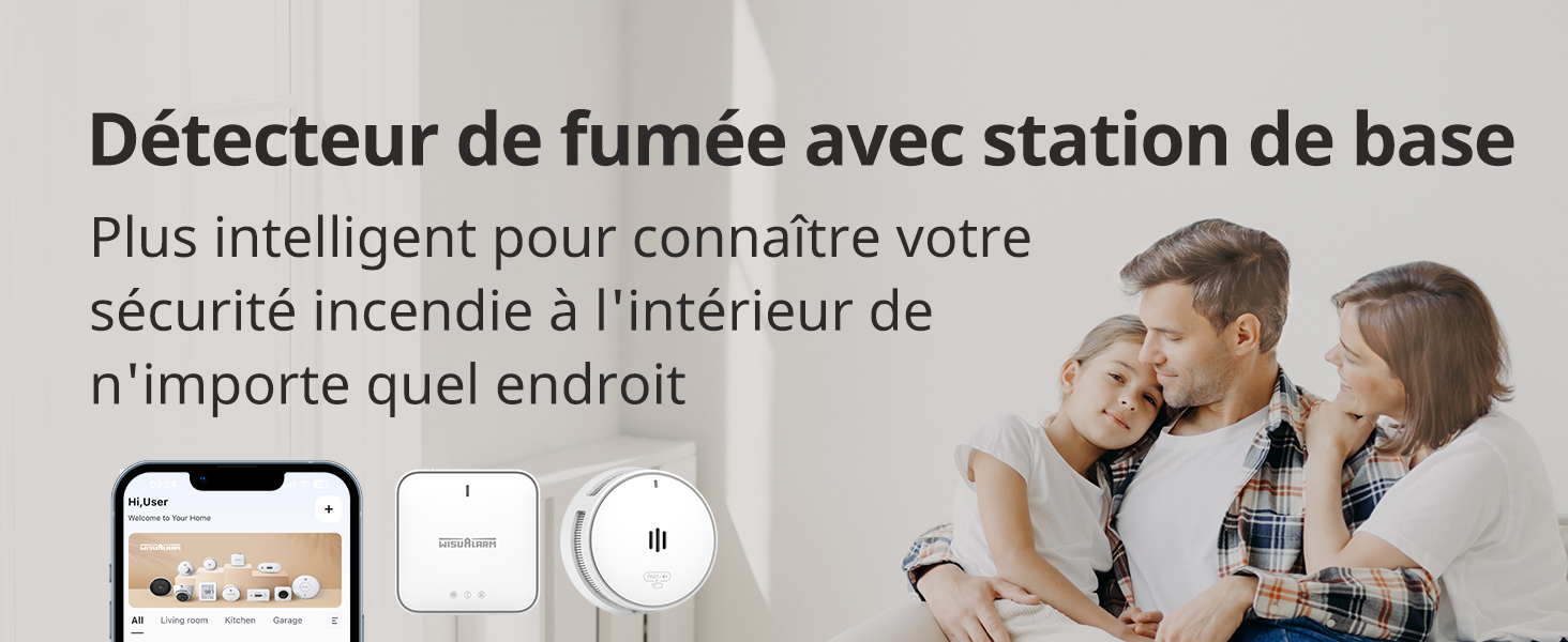 avec station de base. Comprend une application mobile, une unité de base carrée et un détecteur circulaire. Favorise la surveillance intelligente de la sécurité incendie dans les espaces intérieurs.