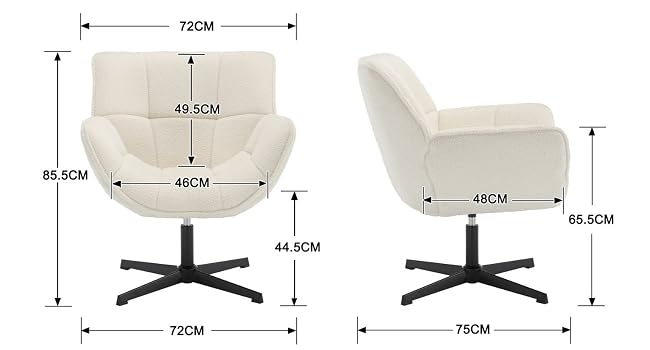 Cremefarbener Drehsessel mit detaillierten Abmessungen. Verfügt über einen breiten Sitz, eine geschwungene Rückenlehne und ein elegantes Metallgestell