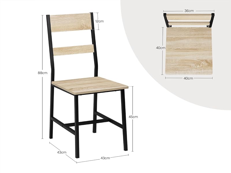 Modern dining chair with light wood seat and backrest, black metal frame, shown with dimension specifications and assembly view.