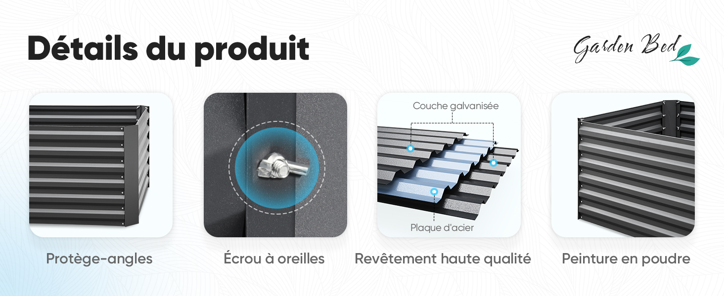 Le texte se lit comme suit : « Détails du produit », « Garden Bird ». Schéma technique du produit montrant les différents composants et spécifications avec les pièces étiquetées.
