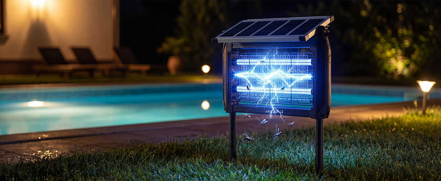 Scène nocturne extérieure avec boîtier d'affichage numérique bleu illuminé avec un motif de grille lumineux positionné sur l'herbe à côté de la piscine, éclairage ambiant en arrière-plan.