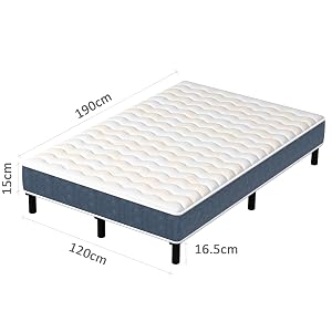 Plusieurs vues d'un matelas dont les dimensions sont indiquées : 190 cm de longueur, 120 cm de largeur et 16,5 cm de hauteur. Dispose d'une surface supérieure matelassée blanche et de côtés gris foncé avec des pieds de support noirs.