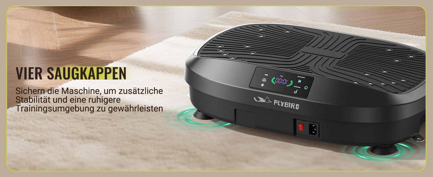 Der Text lautet „VIER SAUGKAPPEN“. Das Produktbild zeigt ein schwarzes elektronisches Gerät. Es scheint ein Roboterstaubsauger zu sein, der aus mehreren Blickwinkeln vor hellem Hintergrund fotografiert wurde.