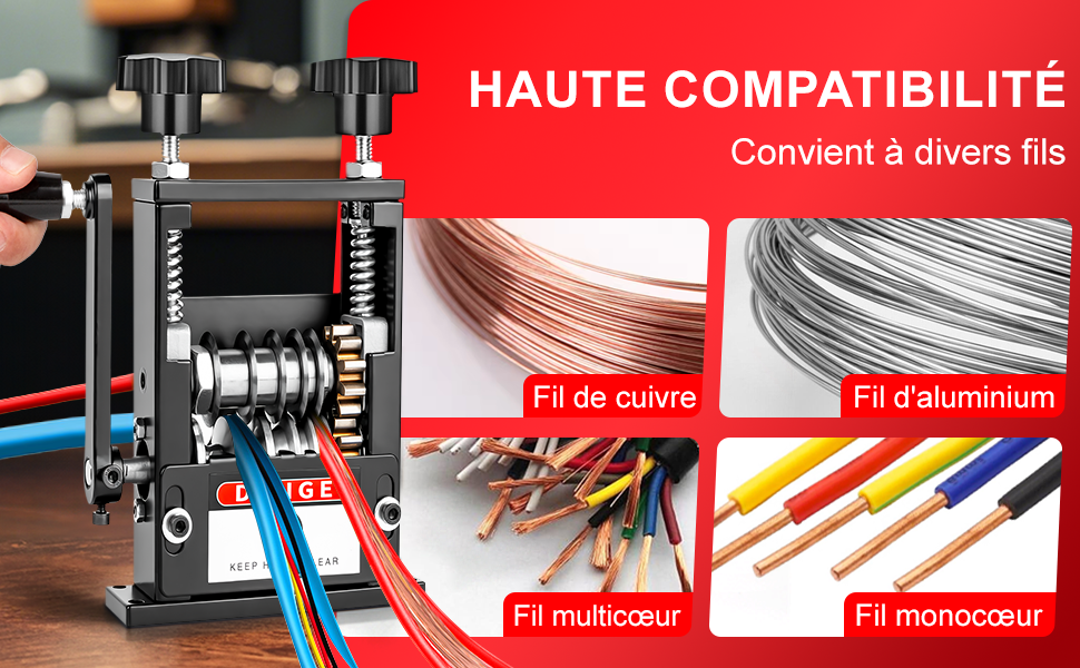 avec tableau de compatibilité indiquant les types de fils en cuivre, en aluminium, multiconducteurs et monoconducteurs. Comprend des poignées mécaniques et un mécanisme de coupe réglable.