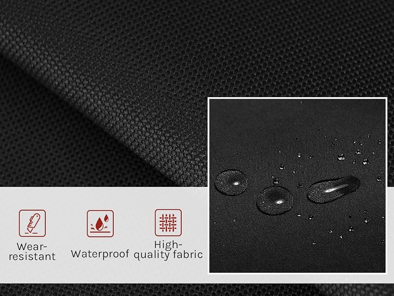 Close-up of black waterproof fabric with visible texture. Inset image shows water droplets beading on the surface. Icons indicate wear-resistant and high-quality fabric properties.