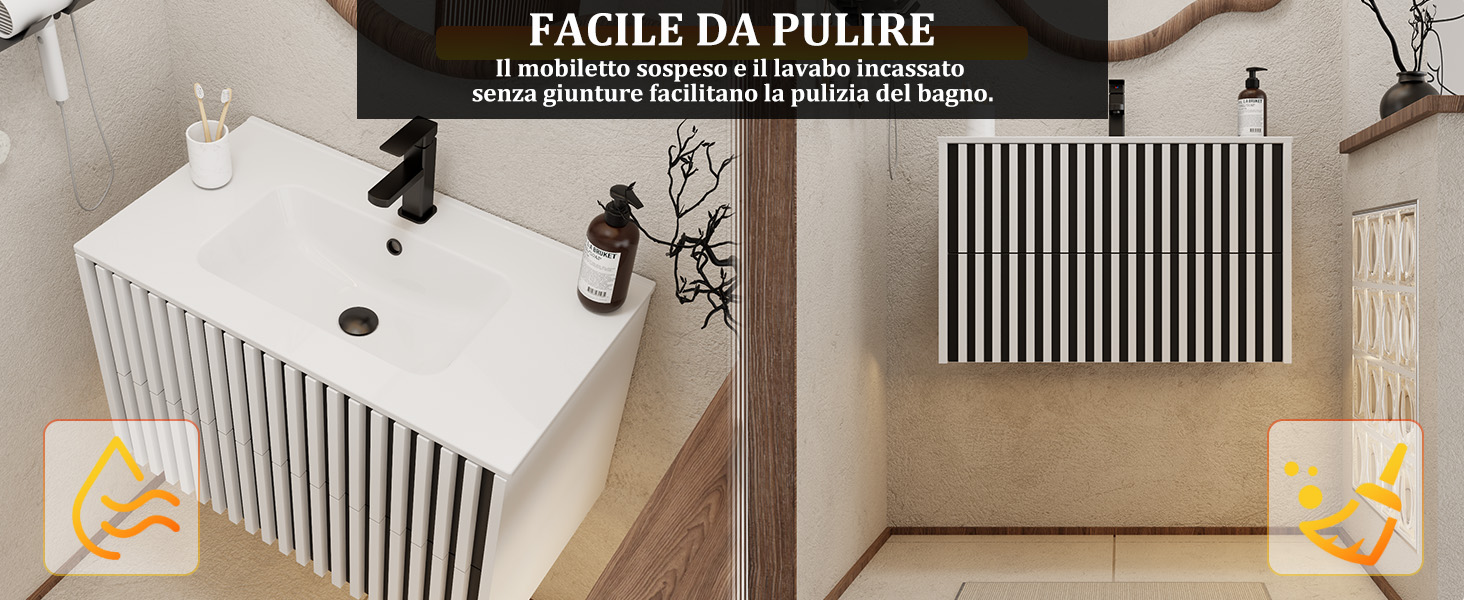 Il testo recita «FACILE DA PULIRE» con frecce che puntano a diverse aree di quella che sembra essere una configurazione interna di una casa.