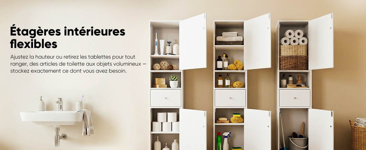 Le texte se lit comme suit : « Étagères intérieures flexibles ». Montre la progression des étagères blanches réglables configurées pour différents besoins de rangement.