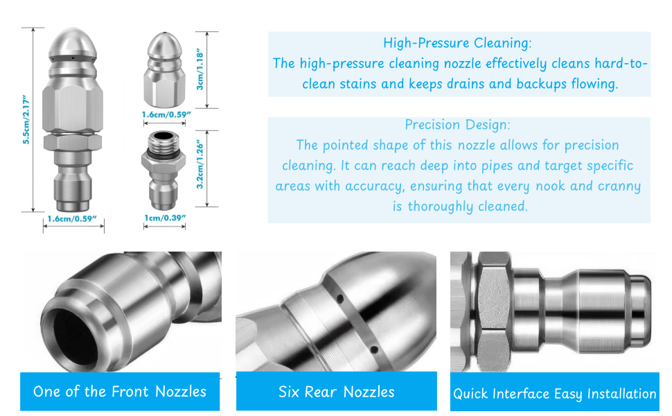 Text reads 'High-Pressure Cleaning', 'Precision Design', 'One of the Front Nozzles', 'Six Rear Nozzles', 'Quick Interface Easy Installation'. Technical diagram showing detailed measurements and views of cleaning nozzle components.