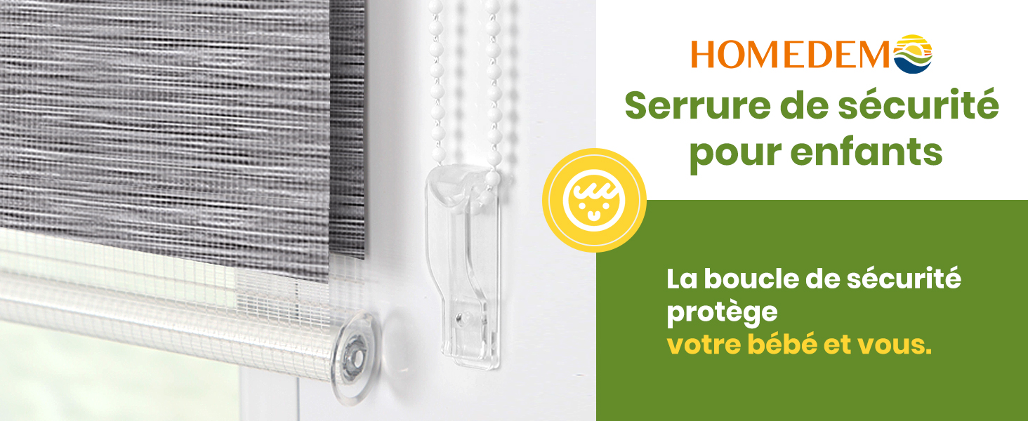 pour fenêtres avec design en plastique transparent. Nom du produit « Homedemo » visible avec un texte en français décrivant sa fonction protectrice pour les bébés