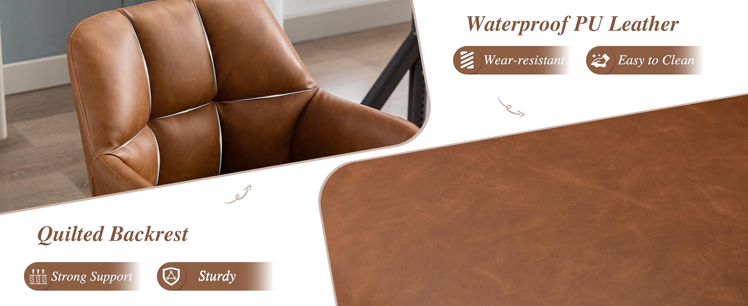 Text reads 'Waterproof PU Leather' and 'Quilted Backrest'. Close-up product image showing brown leather upholstery with quilted pattern and tufted details.