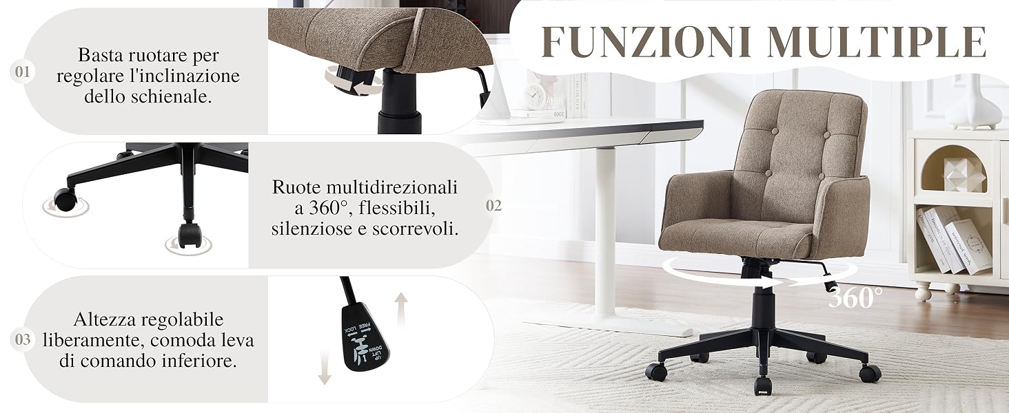 Il testo dice «FUNZIONI MULTIPLE». Serie di immagini che mostrano le caratteristiche della sedia da ufficio, compresi i componenti e le ruote regolabili, a dimostrazione di vari aspetti funzionali.