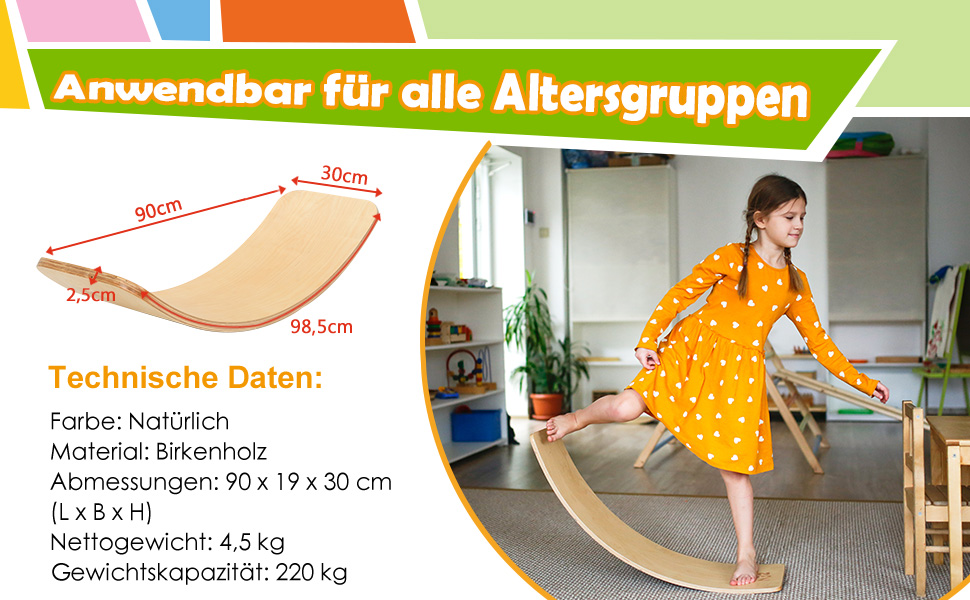 90 x 30cm Balance Board Balancierbrett aus Holz Wackelbrett Kurviges Board Kinder