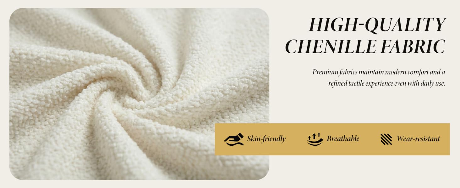 Text reads 'HIGH-QUALITY CHENILLE FABRIC'. Close-up of cream-colored textured fabric showing soft, plush chenille material pattern.