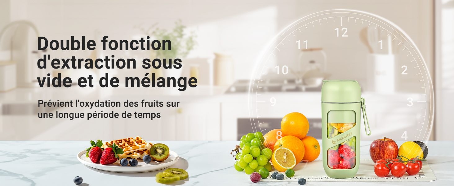 Scène de cuisine avec des fruits frais et des bocaux Mason, mettant en valeur les fonctionnalités de mise sous vide et de mélange avec une superposition de texte en français