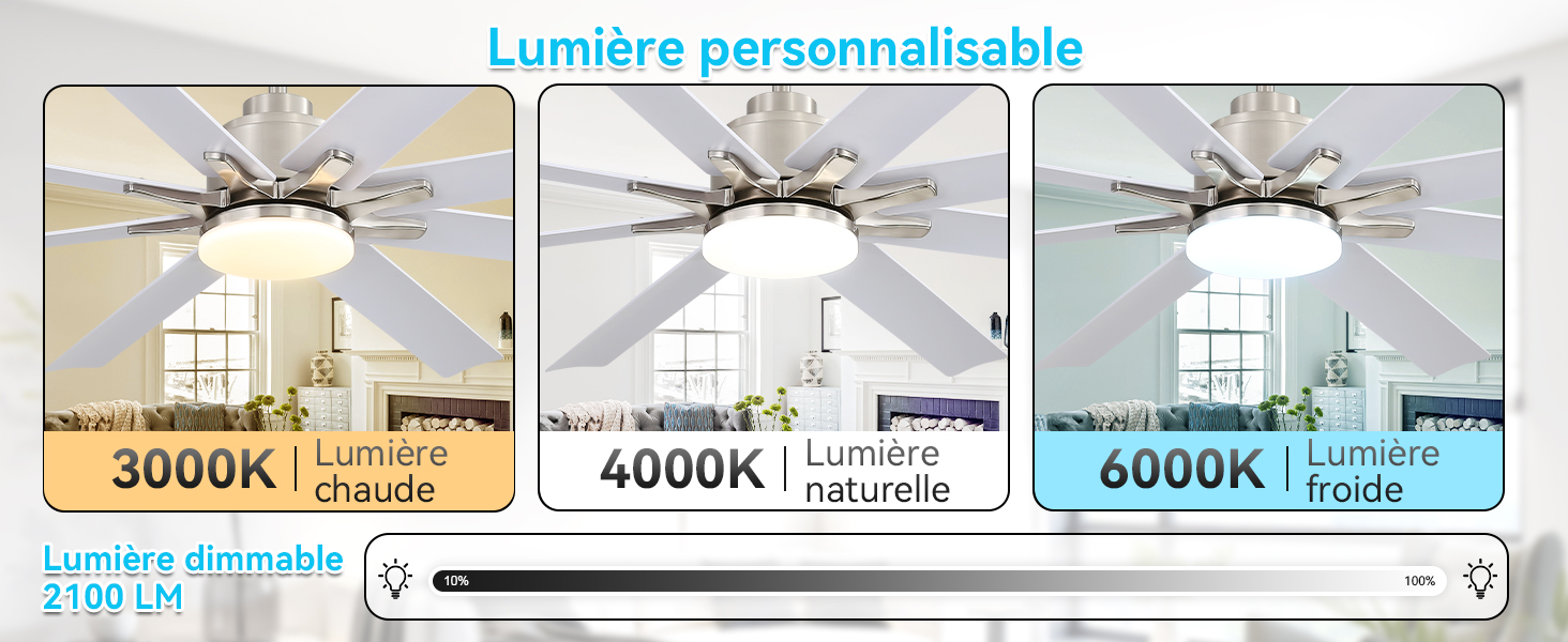 Le texte se lit comme suit : « Lumière personnalisable 3000K Blanc chaud 4000K Lumière neutre 6000K Lumière froide Lumière idéale ». Trois panneaux de plafonnier affichant des températures de couleur réglables de 3 000 K à 6 000 K froids avec commande par curseur.