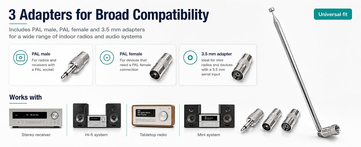 Text reads '3 Adapters for Broad Compatibility'. Product display showing trekking pole adapters for various hiking pole types, with multiple connector variations and compatibility examples illustrated.