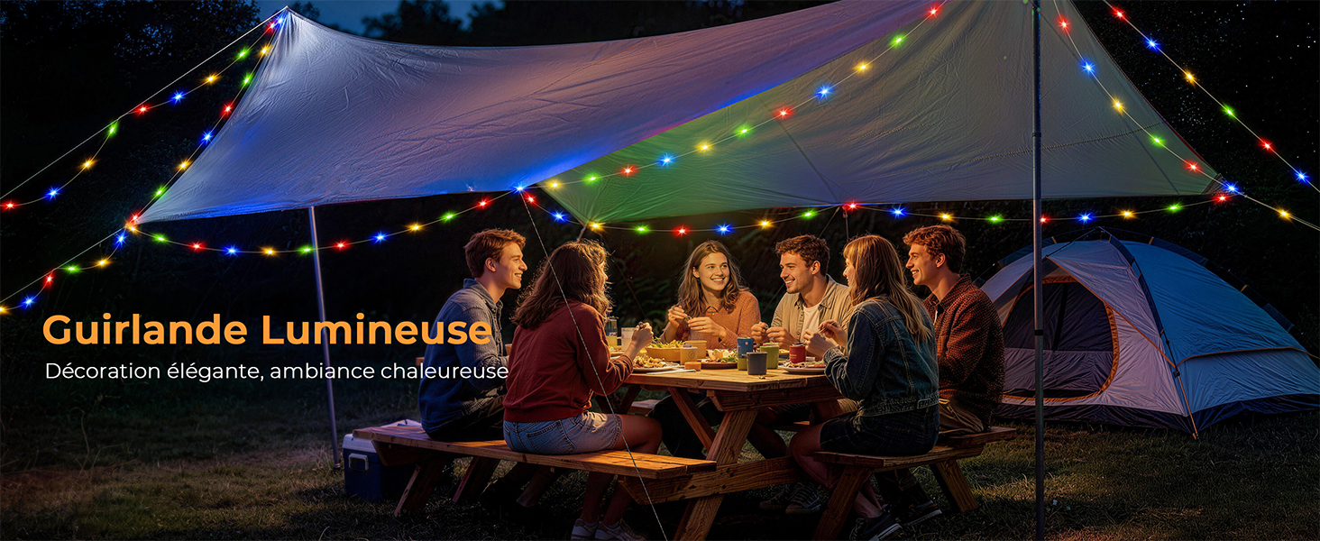 Le texte indique « Guirlande Lumineuse ». Scène de soirée en plein air avec des guirlandes illuminant la zone de camping avec tente.