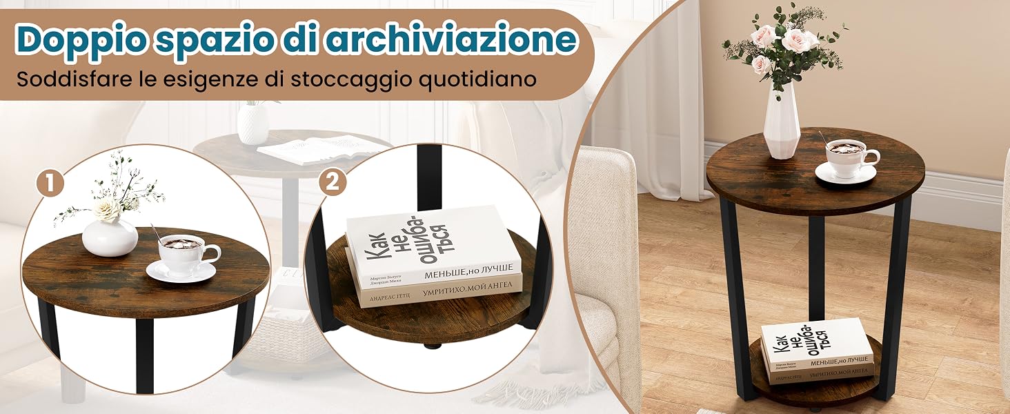 Tavolino rotondo in legno con design di archiviazione a due livelli, presentato in un ambiente lifestyle con oggetti decorativi