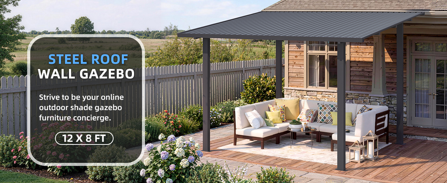 Text reads "STEEL ROOF WALL GAZEBO", "Strive to be your outdoor shade paradise", "3.6 X 8 FT". Outdoor steel-frame gazebo with dark roof attached to brick building, featuring yellow seating area underneath.
