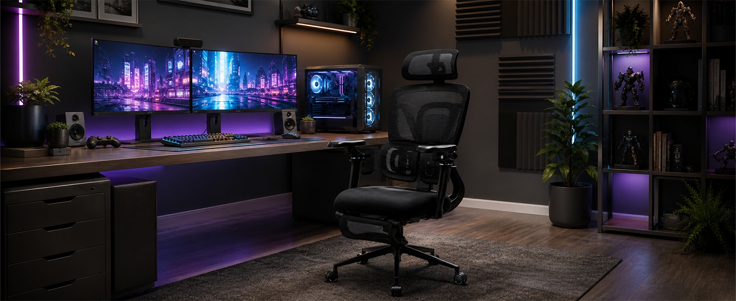 Configurazione di gioco in camera oscura con due monitor con illuminazione viola e blu, sedia da gioco, strisce di illuminazione RGB e periferiche di gioco sulla scrivania.