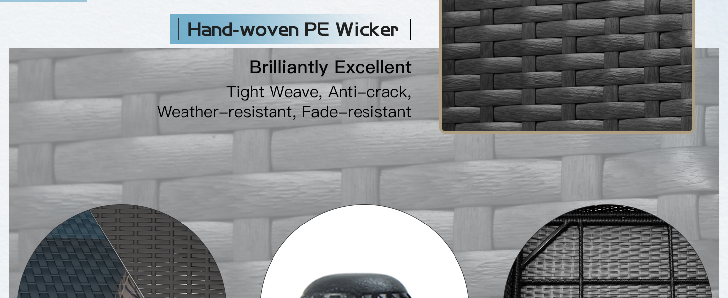 Display of wicker samples labeled 'Hand-woven PE Wicker', showing different textures and patterns in gray and black shades.