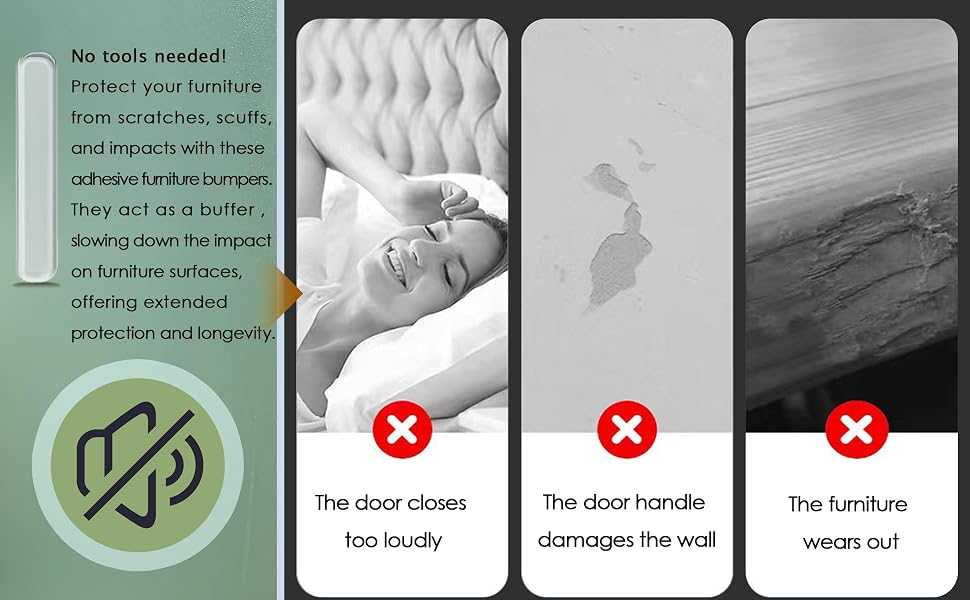 Furniture protection product advertised with three panels showing potential damage scenarios and a green panel with product benefits and a 'no sound' icon.