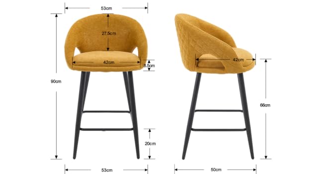 Schéma technique montrant les mesures et les dimensions d'un fauteuil jaune moutarde et de ses composants, y compris les vues latérales et frontales avec des mesures spécifiques marquées.