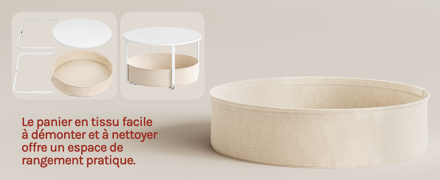 Le texte se lit comme suit : « Le panier en tissu facile à démonter et à nettoyer offre un espace de rangement pratique ». Panier en tissu blanc/crème, contenant cylindrique et plateau rond affichés sur fond neutre.