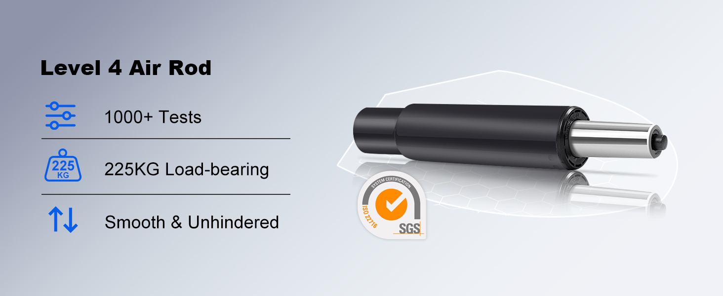 Black cylindrical air rod with silver tip. Product features include 1000+ tests, 225KG load-bearing capacity, and smooth operation. SGS certification logo visible.