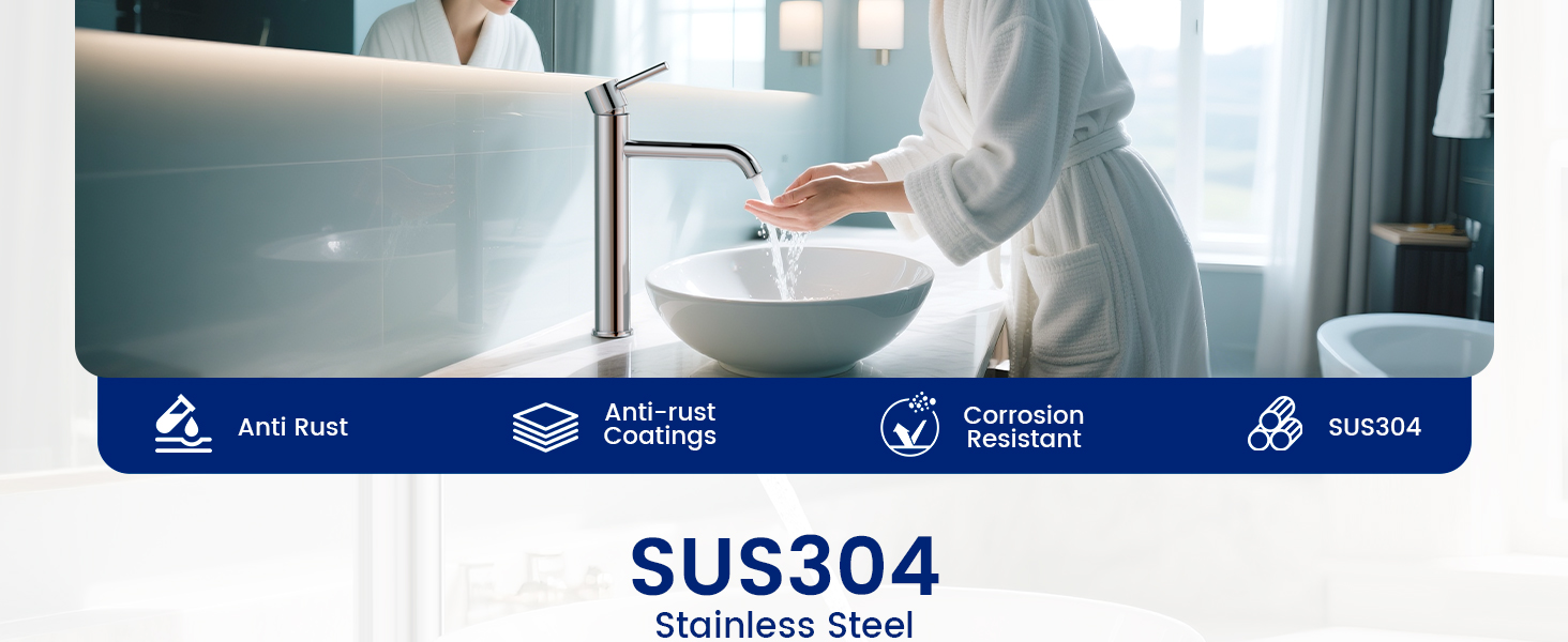 Product feature icons showing 'Anti Rust', 'Leak-proof coverage', 'Protection Technology', and 'SUS304 Stainless Steel' specifications for water filtration system.