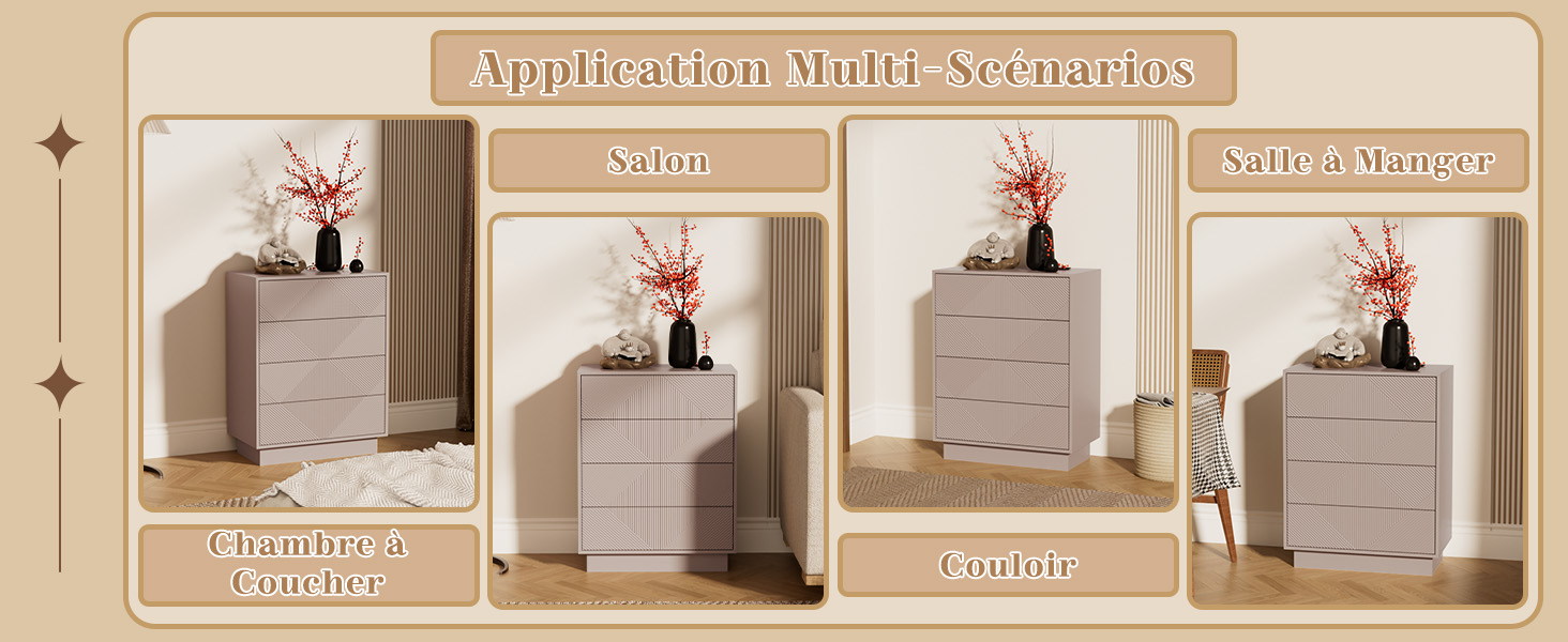 Démonstration à panneaux multiples d'un système de rangement mural présentant les différentes configurations et étapes d'installation. Les cadres beiges offrent différentes possibilités d'aménagement du meuble de rangement.