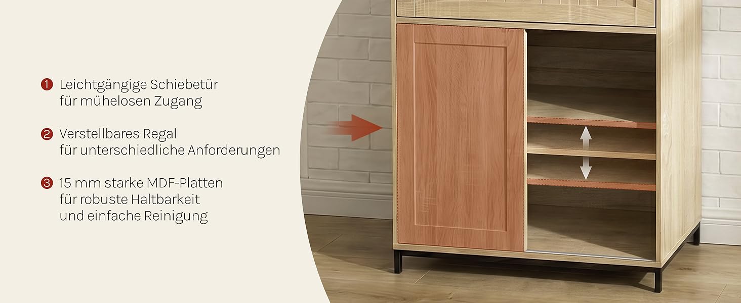 Aufbewahrungsschrank aus Holz mit offenen Regalen und Türen in brauner Holzoberfläche. Auf der linken Seite ist eine Aufzählungsliste mit Aufzählungszeichen sichtbar, in der die Merkmale und Spezifikationen des Schranks beschrieben werden.