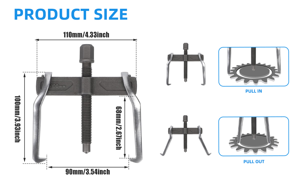 Schéma technique d'un outil d'extraction mécanique. Affiche des dimensions de 110 mm de longueur, 90 mm de largeur et différentes vues de son fonctionnement