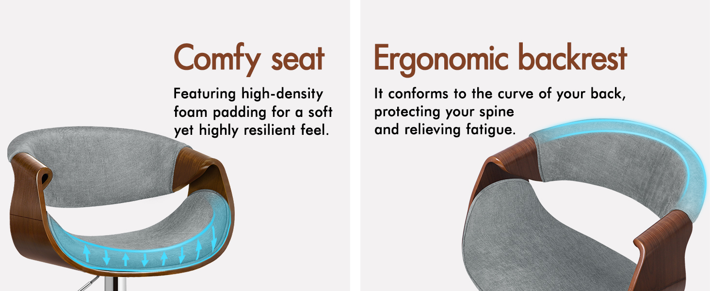 Text reads 'Comfy seat' and 'Ergonomic backrest' with detailed product specifications. Shows close-up views of chair's cushioned seat and curved backrest design.