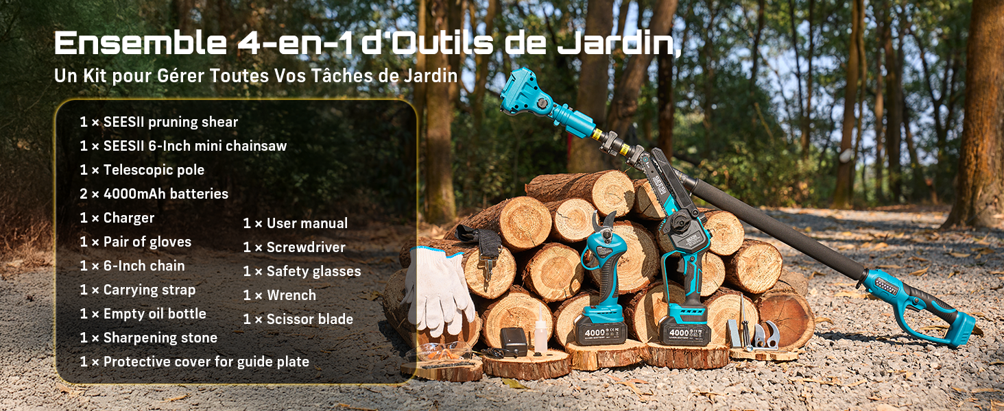 Le texte indique « Ensemble 4-en-1 d'Outils de Jardin » et « Un Kit pour Gérer Toutes Vos Tâches de Jardin » avec une liste d'inventaire comprenant un sécateur, une coupe-bordure, une houe, un chargeur, un tournevis, des lunettes de sécurité, une clé et un piquet. L'image montre un ensemble d'outils de jardin 4 en 1 avec des touches bleues affichées contre du bois de chauffage empilé à l'extérieur.