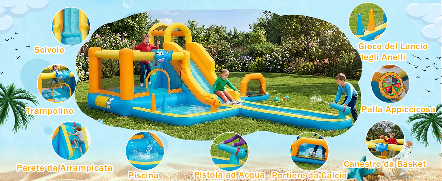 Grande parco acquatico gonfiabile con molteplici funzioni di gioco tra cui scivoli, pareti da arrampicata e zone splash zone. Circondato da icone circolari di attività che mostrano diverse aree di gioco.