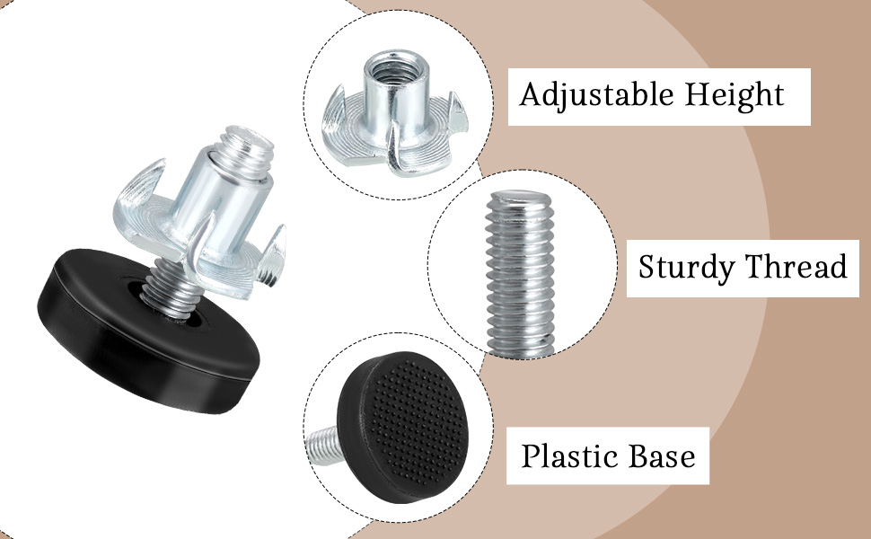 Furniture leveling foot featuring adjustable height mechanism with threaded metal stem, black plastic base with textured surface, and detailed component breakdown.