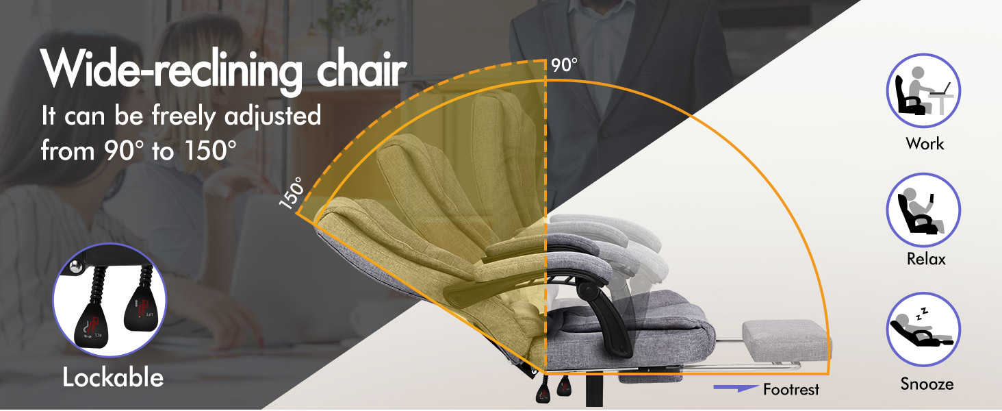 Text reads "Wide-reclining chair" "It can be freely adjusted from 90Đ±Ń to 150Đ±Ń". Mustard-colored reclining chair with adjustment demonstration, lockable casters, footrest, icons for Work, Relax, Snooze, and Lockable features.